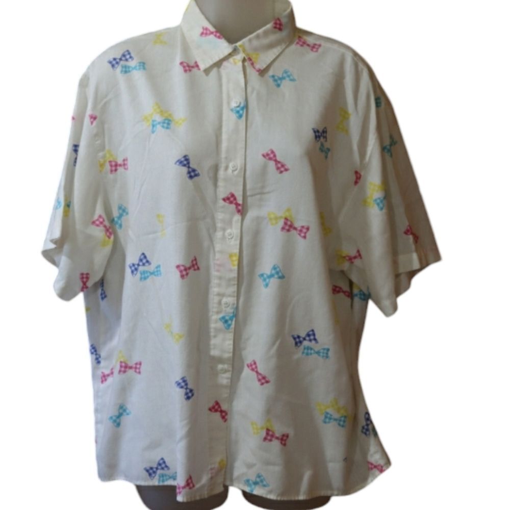E.B. eccobay Vintage White Colorful Bow Print Button Down Shirt Large